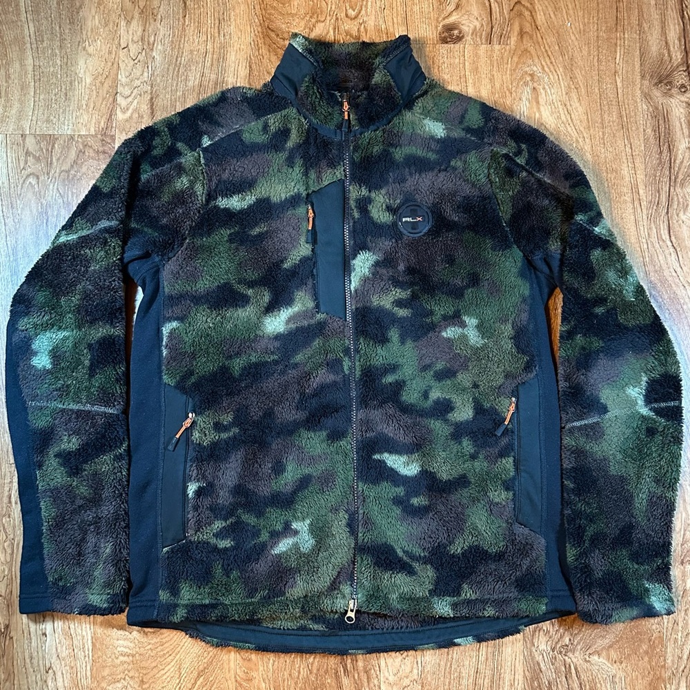 Polo Ralph Lauren RLX Camo Tech Fleece Jacket Size Large Corp-Core Green Orange